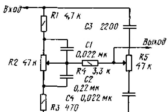 Простые темброблоки на транзисторе и на ОУ (КТ3102, К140УД8) Трёхполосный темброблок схема